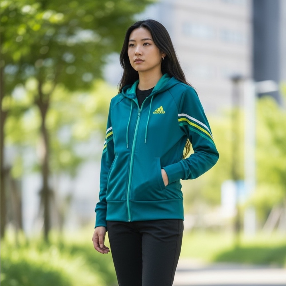 Adidas Women Green Jacket with Hood